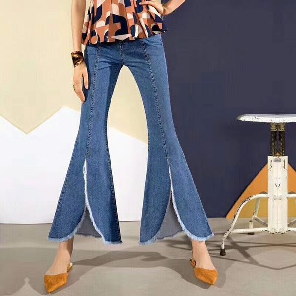 

cotton jeans pants women light blue bell-bottoms elastic waist loose casual forked fur edge pants summer streetwear jeans femme