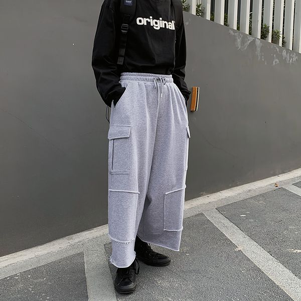 

jogger sweatpants мужчины сыпучие повседневный широкие брюки нога грузовые резинке straight шаровары мужской япония streetwear хип-хоп для б, Black