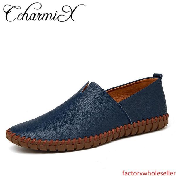 

ccharmix genuine cow leather mens loafers fashion handmade moccasins soft leather blue slip on men s boat shoe plus size
