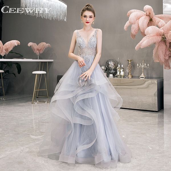 

ceewhy tulle long dress evening gown v neck crystal beaded evening dress ball gown prom women wedding party dresses, White;black