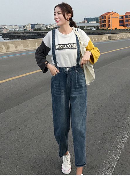 

deep blue female straight harlan tall waist trousers suspenders