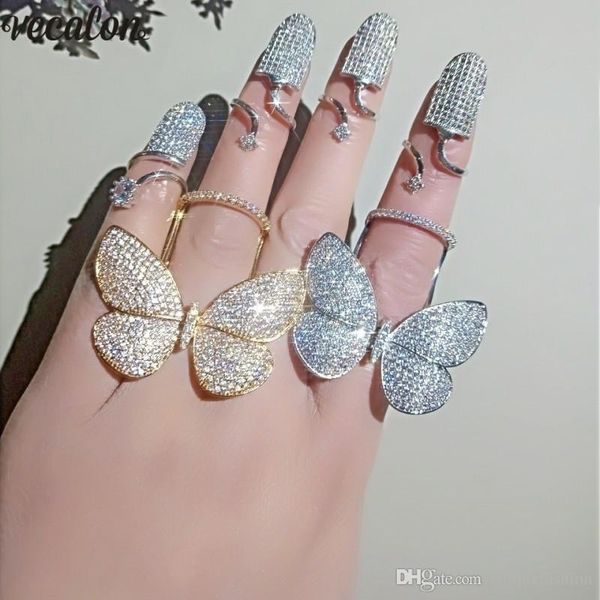 

vecalon 2 colors flying butterfly ring 925 sterling silver mirco pave diamond party wedding band rings for women jewelry, Slivery;golden
