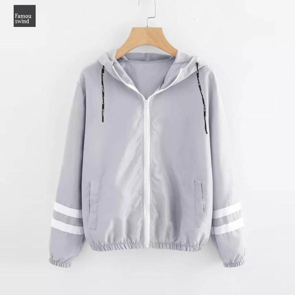 

женщины осень contrast куртка лента обрежьте молнии с капюшоном полосатой исправленной ветровки девушка пальто outwear рукав куртку, Black;brown