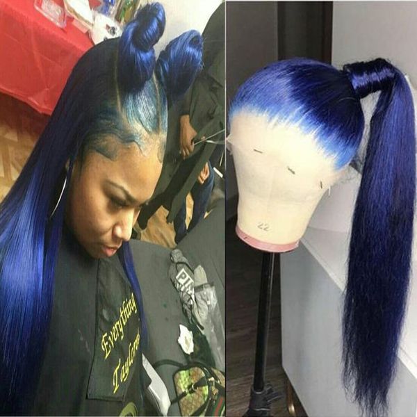 

colored dark blue full lace human hair wig glueless straight 13x6 lace front wigs virgin 370 frontal closure wig 180% density, Black;brown