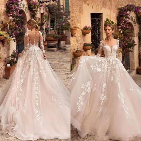 

2020 new vintage bohemian a line long sleeve wedding dresses illusion back lace appliqued tulle bridal gown beach vestido de novia, White