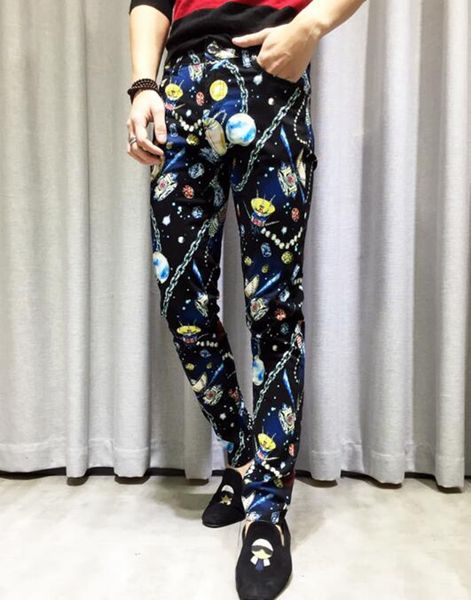 

men's europe the united states south korea version of the new personality slimming straight tube skinny spend jean small leg trousers, Blue