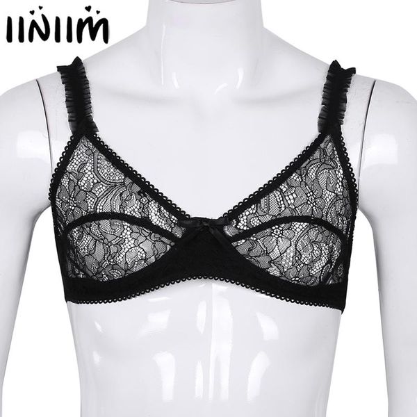 

mens sissy exotic tanks see through sheer floral lace lingerie adjustable spaghetti straps wire-no padded bralette bra, Red;black