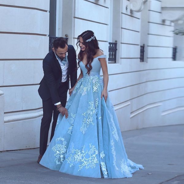 

custom made beautiful baby blue prom dresses with lace appliques off the shoulder floor length elegant formal quinceanera dresses, Blue;red