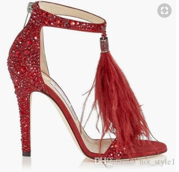 

new style woman popular crystal leather fringed high heel sandals open toe color rhinestone feather stiletto women's sandals large size, Black