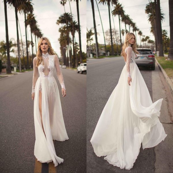 

bohemian wedding dresses a line lace applique side split high neck beach wedding gowns plus size bridal dress, White
