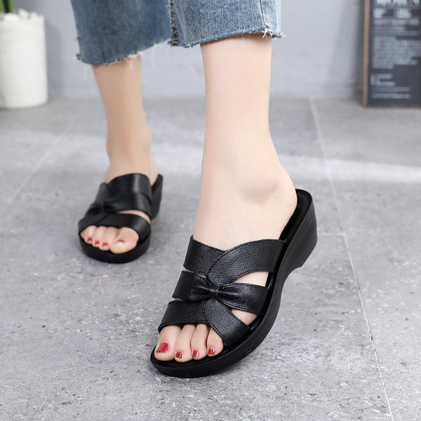 

zzpohe summer new leather women slippers outdoor wear wedges soft bottom non-slip seaside women sandals and slippers, Black