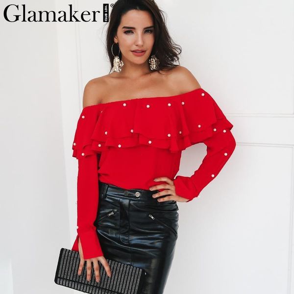 

glamaker ruffle off shoulder autumn blouse shirt pearl deep v neck women blouses long sleeve party casual shirt 2018, White