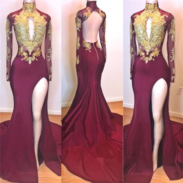 

2019 Sheer Long Sleeves Lace Mermaid Long Prom Dresses High Neck Gold Applique Split Backless Sweep Train Formal Party Evening Gowns BC0956