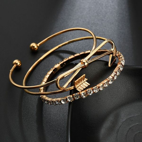 

vohe 3 pcs/set retro bracelets gold silver hollow bowknot letters arrow adjustable bracelet women's party wedding accessories, Black