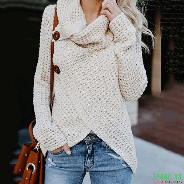 

women's knits & tees women 2021 buckle sweater cardigan autumn winter fashion warm turtleneck knitting jumper, White