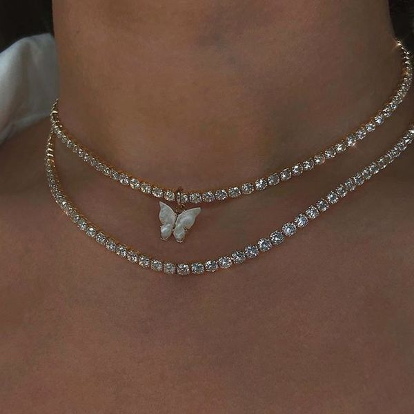 

colorful dazzling acrylic crystal butterfly necklace female silver alloy chain sweet butterfly clavicle chain choker, Golden;silver