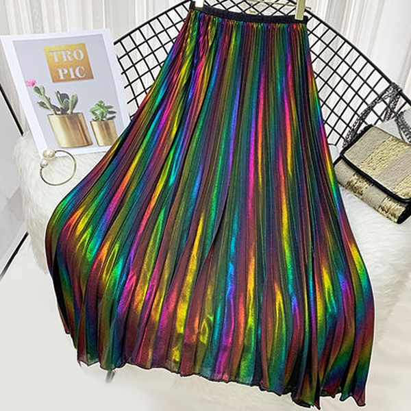 

sheblingbling fashion glitter rainbow long pleated skirts summer causal chiffon skirt elastic high waist skinny women midi skirt, Black