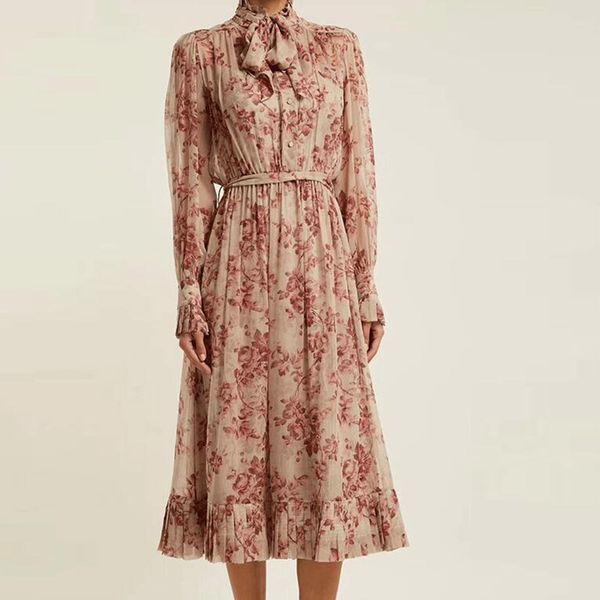 

brand designer women print maxi chiffon dresses 2019 spring summer fashion ruffled stand collar long sleeve brief casual long dresses, Black