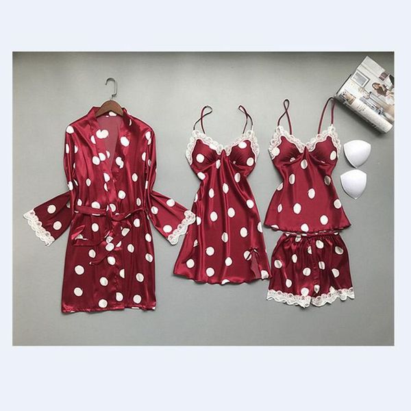 

smmoloa silk pajamas sets women robers 4-piece suits women spaghetti straps pants, Black;red