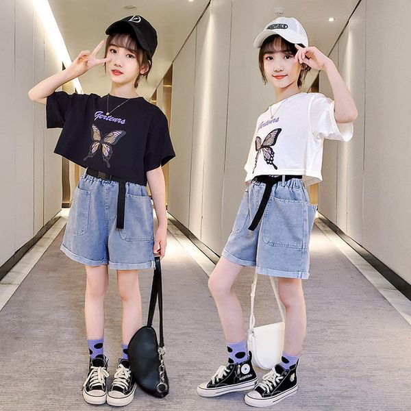 

вершины crop одежды детей хлопка лета малышей одежда для девочек набор бабочки тенниски для подростков джинсовые шорты с поясом дети outfit, White