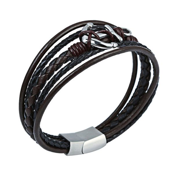 

europe and america accessories titanium steel rings weaving leather strap bracelet men's cool stainless steel magnetic snap boat, Silver