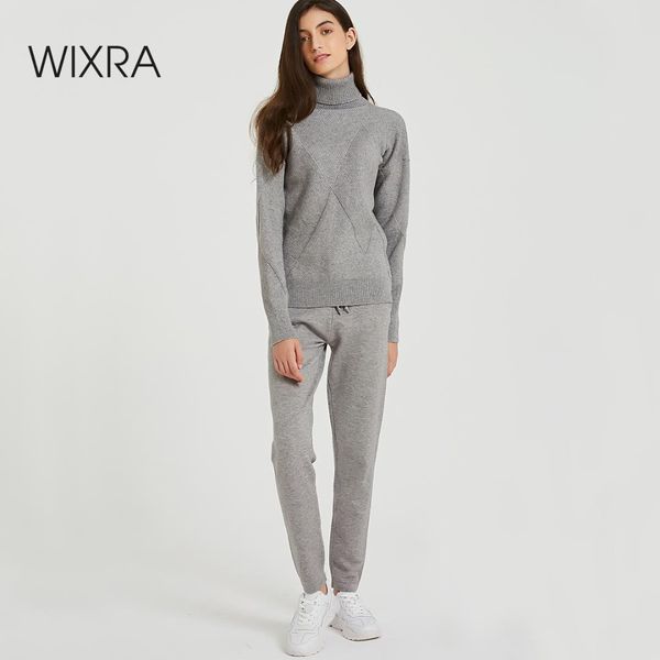 

wixra autumn winter casual knitted women's sets turtleneck long sleeve sweaters lace-up pants solid sets for ladies, White