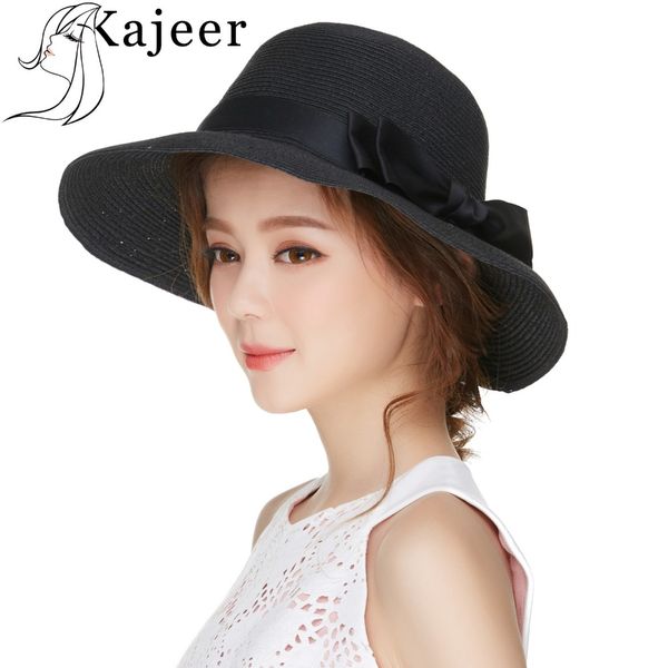 

kajeer fedora hats for women paper straw ribbon bow accent cloche bucket bell summer sun hat new women formal party cap, Blue;gray