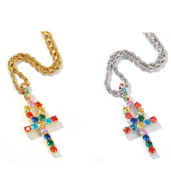 

strands, strings the bling king ankh cross pendant colorful iced cubic zirconia stones gold silver color necklace colored fashion hiphop jew, Black
