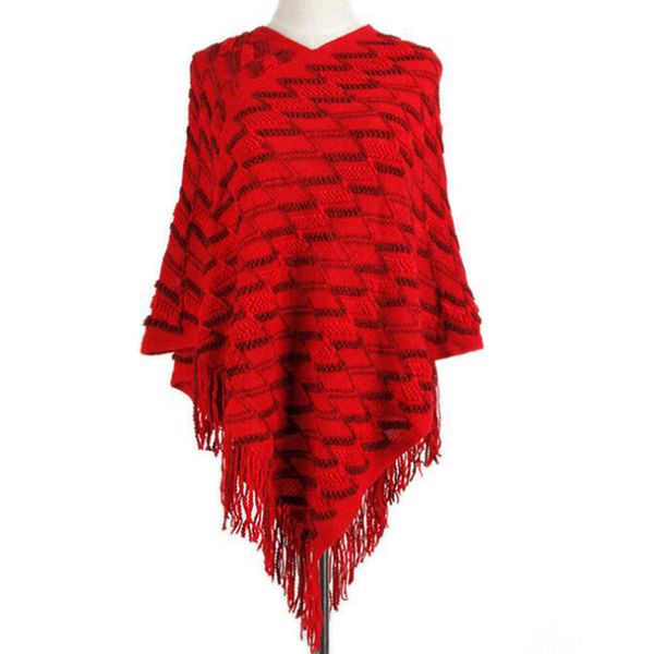 

autumn and winter long section grid stripes of irregular crochet tassels v collar pullover cape shawl sweater women s262, Black