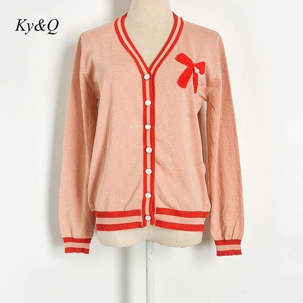 

brand design fashion spring new 2020 cartoon embroidery bow v-neck gold patchwork thread long sleeve sweater cardigan clothes, White