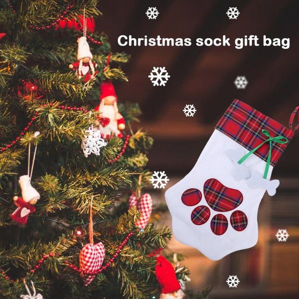 

plaid dog cat paw shape candy bag stocking christmas gift hanging pendant