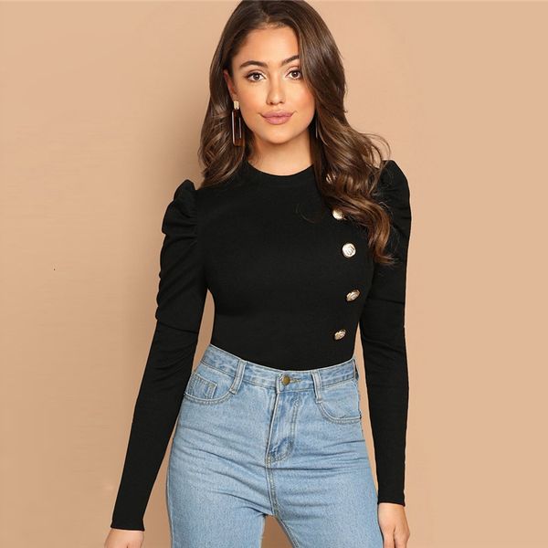 

womens designer t shirt women elegant ladies tees long sleeve button front ruched of mutton sleeve tee shirt t shirts, White