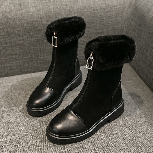 

women high-plush front zipper boots warm winter non-slip boots shoe for ladies solid plus velvet flat heel round head, Black