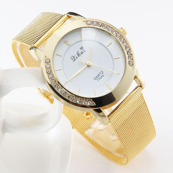 

susenstone fashion women crystal golden stainless steel analog quartz wrist watch wristwatch clock gift clock #9, Slivery;brown