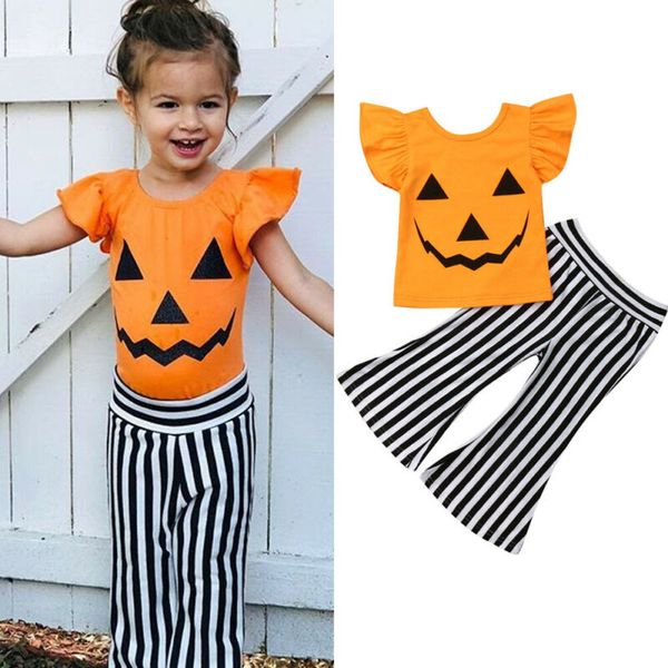 

halloween clothes toddlers baby girl clothes setpumpkin t-shirt+striped pant flare pants outfit set clothes 2pcs 1-6t, White