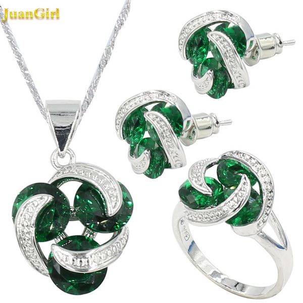 

fashion green christmas jewelry 925 sterling silver earrings sets for women ringen pendant crystal ring 2019 jewelry box