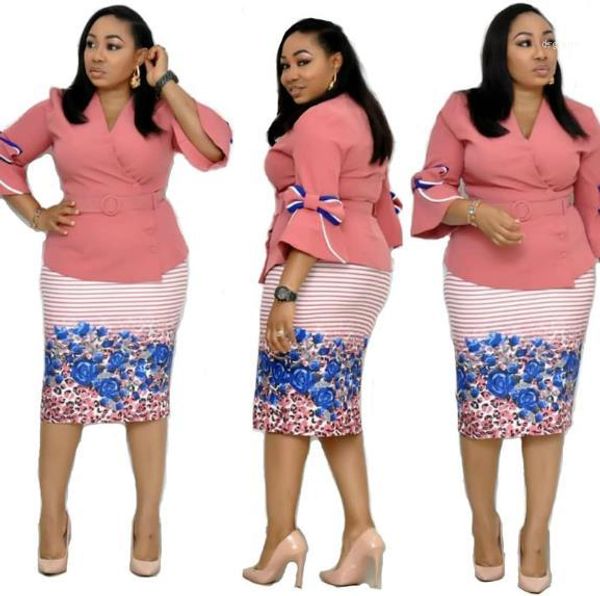 

plus size floral printed 2 piece dress sashes flare sleeved v neck tracksuits womens designer tracksuits, White