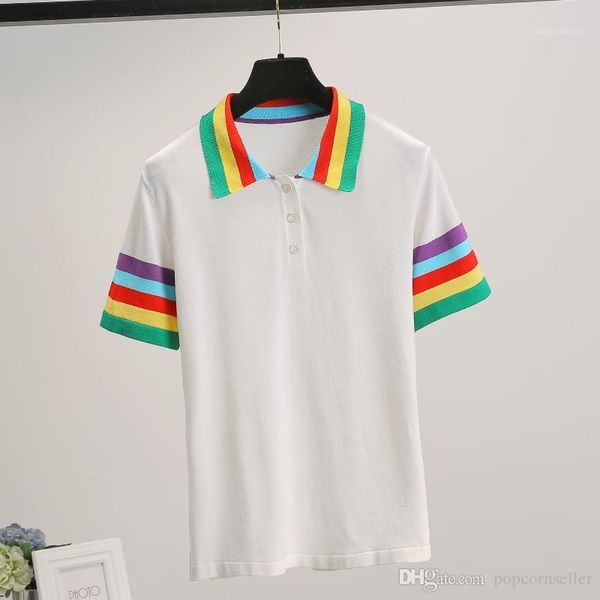 

solid color casual tshirt loose ladies fashion rainbow stripe patchwork tshirt heart printing summer designer, White