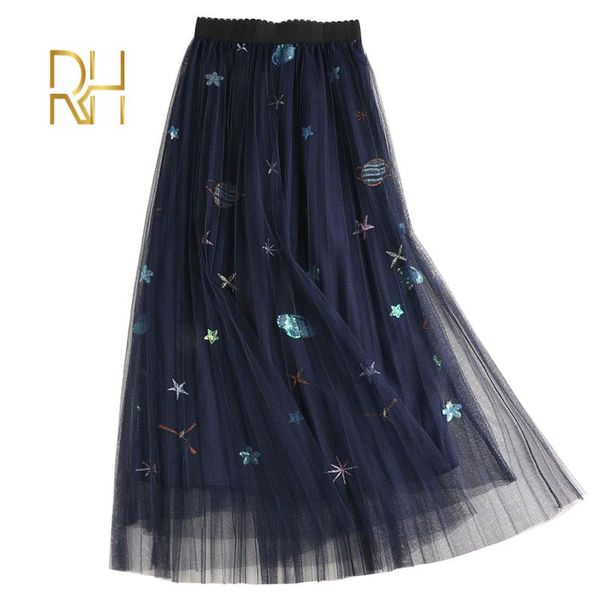 

skirts sweet embroidered pleated tulle skirt women summer a line midi high waist sequined planets mesh maxi rh, Black