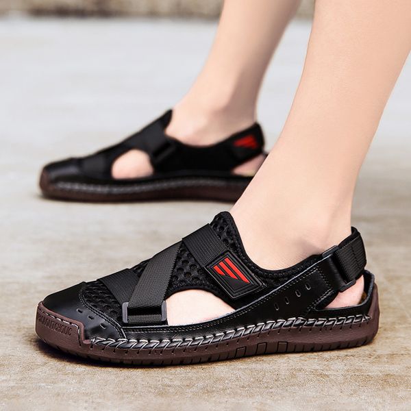 

male leather shoes men sandals 2020 summer new men shoes beach fashion outdoor breathable casual non-slip footwear, Black