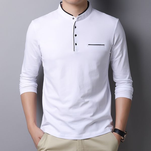 

new spring men polo shirt cotton solid color mandarin collar long sleeve polo men slim fit polo homme t805, White;black
