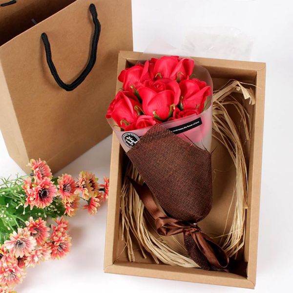 

7pcs/set rose artificial gift wedding scented petal bouquet gift box bath body flower soap party favor with luxurious paper bag