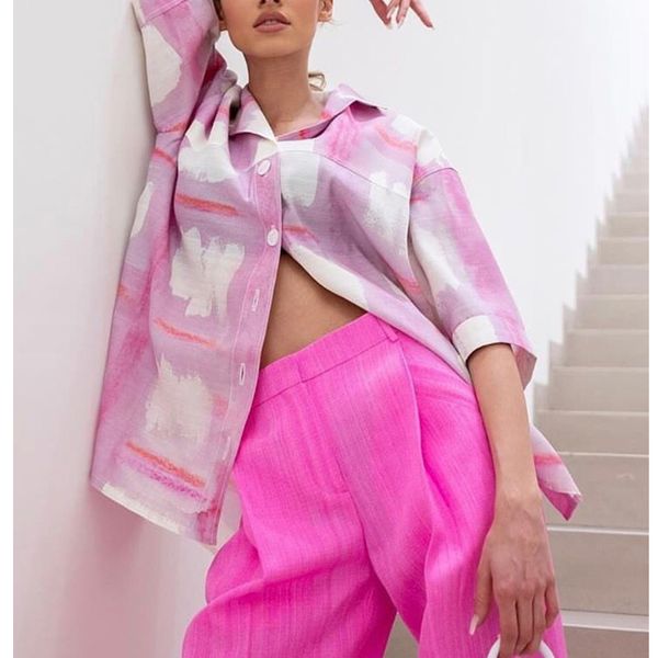 

2020 summer new women fashion turn-down collar half sleeve single breasted plaid print loose blouse, White