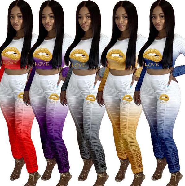 

women lips outfits fashion print long sleeve t shirt crop pants gradient color ruched leggings tracksuit two pieces trouser suit d8405, White
