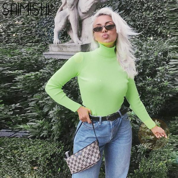 

saimishi rib knit jumper autumn winter fashion women high neck long sleeve slim fit sweaters fluorescent color, White;black