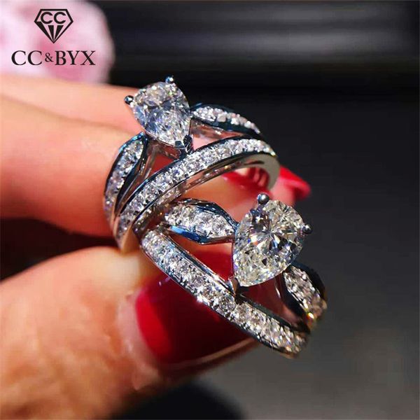 

cc rings for women solid s925 silver water drop crown luxury jewelry double layer vintage jewelry bridal wedding bijoux cc1583, Slivery;golden