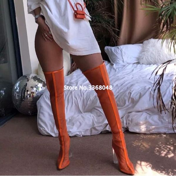 

selling transparent chunky heel over the knee boots pointed toe t stage thigh high mesh woman sandal boots 2019, Black