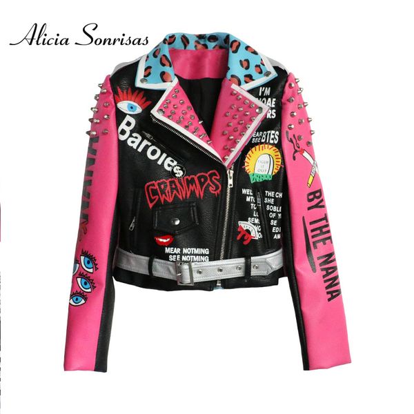 

2019 women leather jacket street fashion rivets leopard letters graffiti colorful eyes print motorcycle pu leather jacket y8362, Black