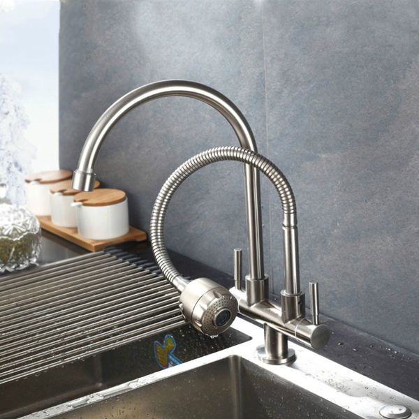 

Double tap head single cold kitchen faucet free rotation Multipurpose 304 stainless steel single hole sink water tap