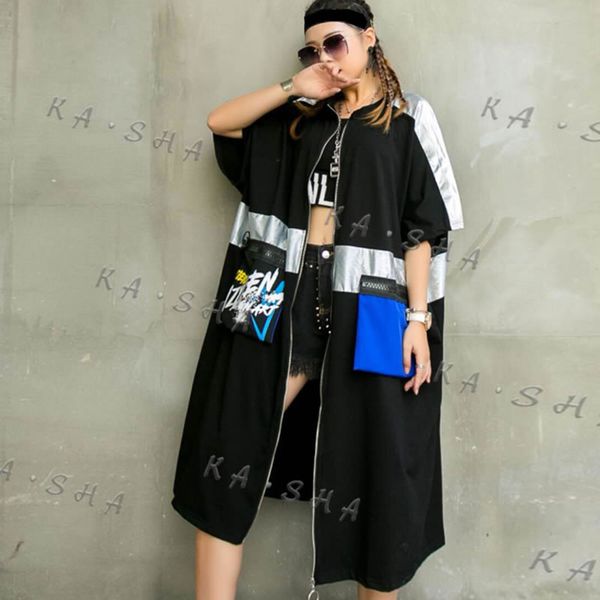 

loose patchwork hit color pocket plus size trench women clothes 2020 spring new fashion loose zipper short sleeve coat xj4387, Tan;black